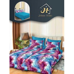 Lenjerie Pat Dublu 7 Piese Bumbac Satinat cu 2 Huse Pilotă - Model Marmorat Multicolor, Mov și Turcoaz, LFS-129