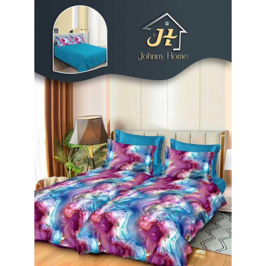 Lenjerie Pat Dublu 7 Piese Bumbac Satinat cu 2 Huse Pilotă - Model Marmorat Multicolor, Mov și Turcoaz, LFS-129 Lenjerii Bumbac Satinat Superior