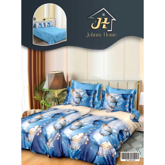 Lenjerie Pat Dublu 7 Piese Bumbac Satinat cu 2 Huse Pilotă - Model Fluturi Albaștri, LFS-152 Lenjerii Bumbac Satinat Superior