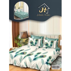 Lenjerie Pat Dublu 7 Piese Bumbac Satinat cu 2 Huse Pilotă - Model Pene de Păun, Verde Mentă, LFS-133