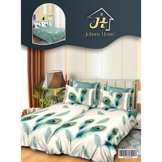 Lenjerie Pat Dublu 7 Piese Bumbac Satinat cu 2 Huse Pilotă - Model Pene de Păun, Verde Mentă, LFS-133 Lenjerii Bumbac Satinat Superior