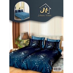 Lenjerie Pat Dublu 7 Piese Bumbac Satinat cu 2 Huse Pilotă - Model Muzical cu Stele, Bleumarin, LFS-134