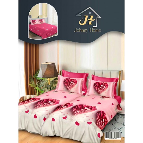 Lenjerie Pat Dublu 7 Piese Bumbac Satinat cu 2 Huse Pilotă - Model Inimi Romantic, Roz, LFS-135 Lenjerii Bumbac Satinat Superior