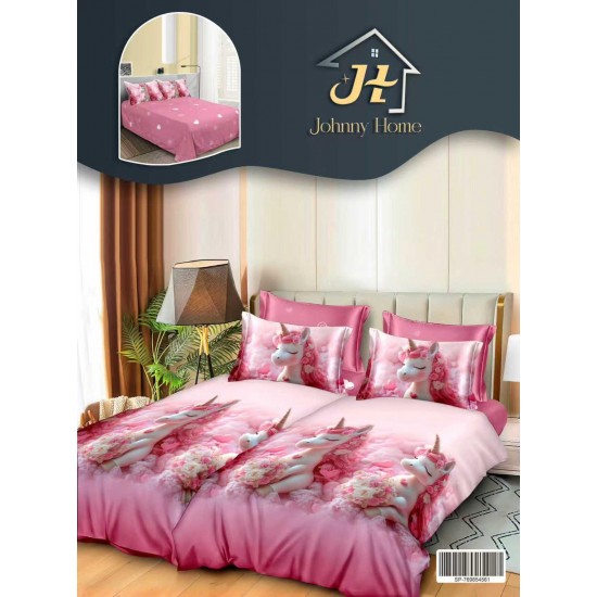 Lenjerie Pat Dublu 7 Piese Bumbac Satinat cu 2 Huse Pilotă - Model Unicorn Floral, Roz, LFS-140 Lenjerii Bumbac Satinat Superior