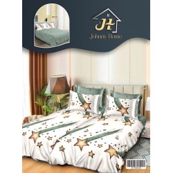 Lenjerie Pat Dublu 7 Piese Bumbac Satinat cu 2 Huse Pilotă - Model Stele Aurii, Alb-Verde, LFS-141