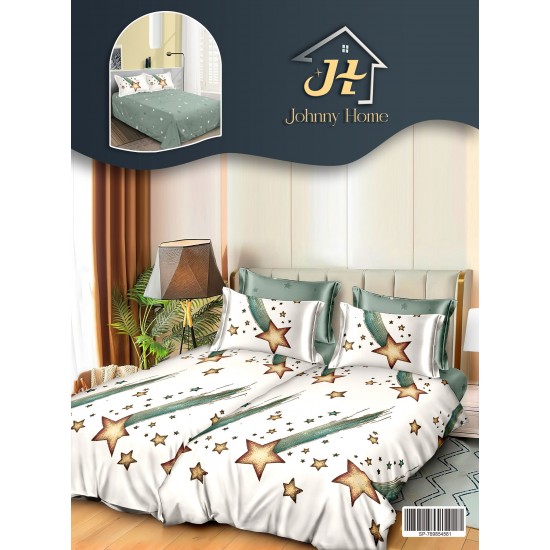 Lenjerie Pat Dublu 7 Piese Bumbac Satinat cu 2 Huse Pilotă - Model Stele Aurii, Alb-Verde, LFS-141 Lenjerii Bumbac Satinat Superior