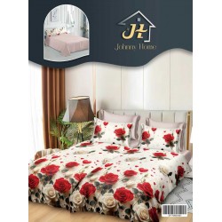 Lenjerie Pat Dublu 7 Piese Bumbac Satinat cu 2 Huse Pilotă - Model Trandafiri și Inimi, Roșu-Crem, LFS-139
