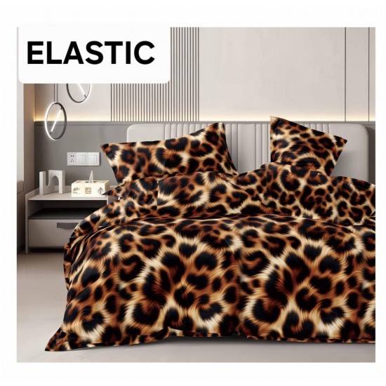 Set Lenjerie Pat Dublu Bumbac Satinat 4 Piese cu Cearșaf cu Elastic – Model Leopard, LDBS-068 3 lenjerii la 199 lei