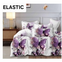 Set Lenjerie Pat Dublu Bumbac Satinat 4 Piese cu Cearșaf cu Elastic – Model Fluturi Mov, LES-064