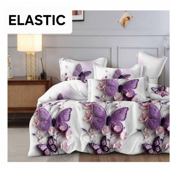 Set Lenjerie Pat Dublu Bumbac Satinat 4 Piese cu Cearșaf cu Elastic – Model Fluturi Mov, LES-064 3 lenjerii la 199 lei