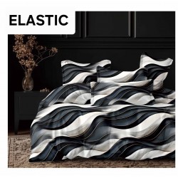 Set Lenjerie Pat Dublu Bumbac Satinat 4 Piese cu Cearșaf cu Elastic – Model Valuri Abstracte Negru-Gri, LES-072