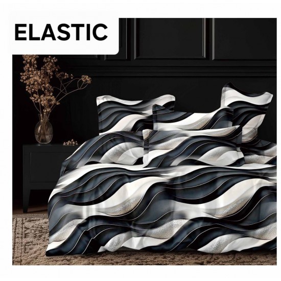 Set Lenjerie Pat Dublu Bumbac Satinat 4 Piese cu Cearșaf cu Elastic – Model Valuri Abstracte Negru-Gri, LES-072 3 lenjerii la 199 lei