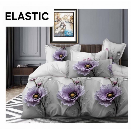 Set Lenjerie Pat Dublu Bumbac Satinat 4 Piese cu Cearșaf cu Elastic – Model Flori Mov, LES-070 3 lenjerii la 199 lei