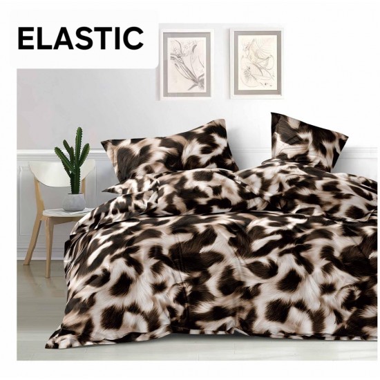 Set Lenjerie Pat Dublu Bumbac Satinat 4 Piese cu Cearșaf cu Elastic – Model Animal Print Maro, LES-068 3 lenjerii la 199 lei