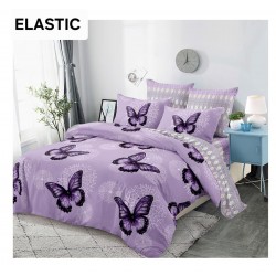 Set Lenjerie Pat Dublu Bumbac Satinat 4 Piese cu Cearșaf cu Elastic – Model Fluturi Mov, LES-067