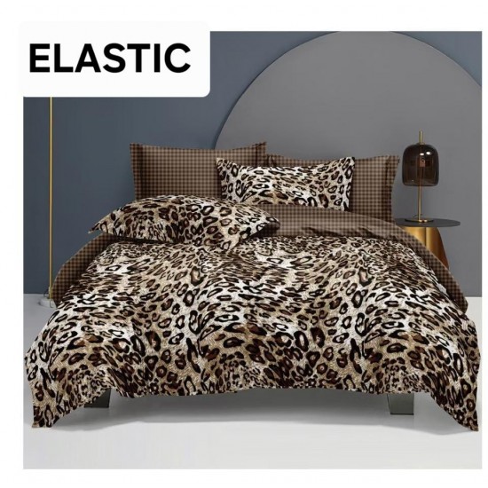 Set Lenjerie Pat Dublu Bumbac Satinat 4 Piese cu Cearșaf cu Elastic – Model Leopard Animal Print, LES-071 3 lenjerii la 199 lei