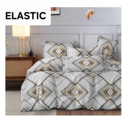Set Lenjerie Pat Dublu Bumbac Satinat 4 Piese cu Cearșaf cu Elastic – Model Geometric Gri cu Auriu, LES-095