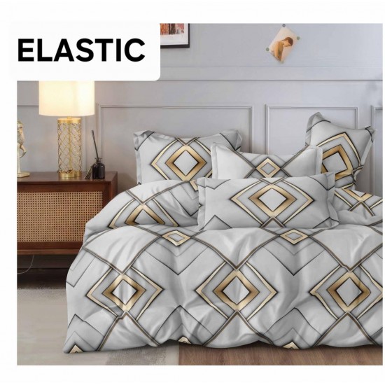 Set Lenjerie Pat Dublu Bumbac Satinat 4 Piese cu Cearșaf cu Elastic – Model Geometric Gri cu Auriu, LES-095 3 lenjerii la 199 lei