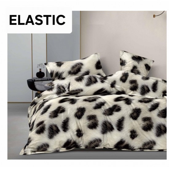 Set Lenjerie Pat Dublu Bumbac Satinat 4 Piese cu Cearșaf cu Elastic – Model Animal Print Alb-Negru, LES-076 3 lenjerii la 199 lei