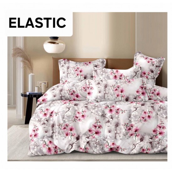 Set Lenjerie Pat Dublu Bumbac Satinat 4 Piese cu Cearșaf cu Elastic – Model Orhidee Roz, LES-100 3 lenjerii la 199 lei