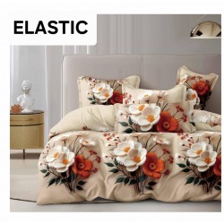 Set Lenjerie Pat Dublu Bumbac Satinat 4 Piese cu Cearșaf cu Elastic – Model Flori Albe și Cărămizii, LES-102