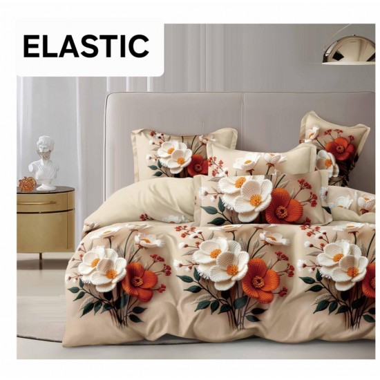 Set Lenjerie Pat Dublu Bumbac Satinat 4 Piese cu Cearșaf cu Elastic – Model Flori Albe și Cărămizii, LES-102 3 lenjerii la 199 lei