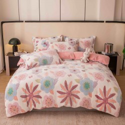 Lenjerie Cocolino 1 Persoană 4 Piese – Model Floral Pastel cu Flori Roz și Albastre, LSC-003