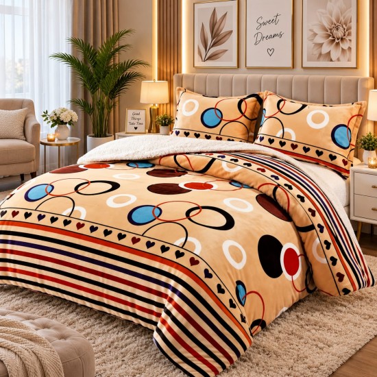 Pilotă Cocolino cu Blăniță 200×230 cm + 2 Fețe de Pernă 50×70 cm – Model Geometric Multicolor Bej, PDC-047 Pilote Iarna cu Blana