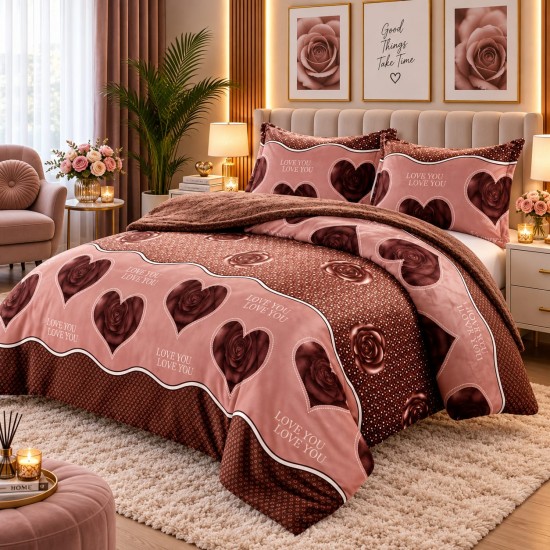 Pilotă Cocolino cu Blăniță 200×230 cm + 2 Fețe de Pernă 50×70 cm – Model Romantic cu Trandafiri și Inimi, PDC-049 Pilote Iarna cu Blana