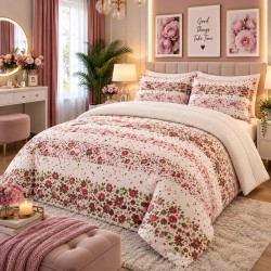 Pilotă Cocolino cu Blăniță 200×230 cm + 2 Fețe de Pernă 50×70 cm – Model Floral Roz-Roșu, PDC-050