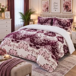 Pilotă Cocolino cu Blăniță 200×230 cm + 2 Fețe de Pernă 50×70 cm – Model Baroc Floral Bordo, PDC-056