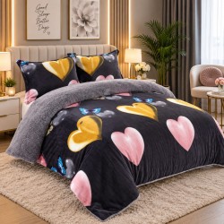 Pilotă Cocolino cu Blăniță 200×230 cm + 2 Fețe de Pernă 50×70 cm – Model Inimi și Fluturi, Negru-Roz-Auriu, PDC-064