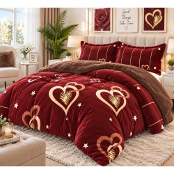 Pilotă Cocolino cu Blăniță 200×230 cm + 2 Fețe de Pernă 50×70 cm – Model Inimi Aurii, Bordo, PDC-075