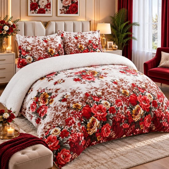Pilotă Cocolino cu Blăniță 200×230 cm + 2 Fețe de Pernă 50×70 cm – Model Floral cu Trandafiri Roșii, PDC-079 Pilote Iarna cu Blana