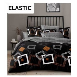 Set Lenjerie Pat Dublu Bumbac Satinat 4 Piese cu Cearșaf cu Elastic – Model Geometric Negru, Gri și Maro, LES-103
