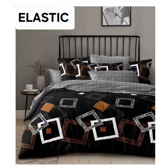Set Lenjerie Pat Dublu Bumbac Satinat 4 Piese cu Cearșaf cu Elastic – Model Geometric Negru, Gri și Maro, LES-103 3 lenjerii la 199 lei