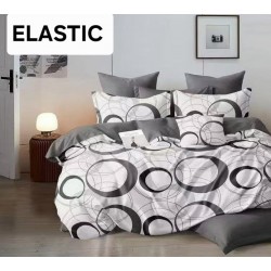 Set Lenjerie Pat Dublu Bumbac Satinat 4 Piese cu Cearșaf cu Elastic – Model Cercuri Gri și Negru, LES-104