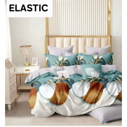 Set Lenjerie Pat Dublu Bumbac Satinat 4 Piese cu Cearșaf cu Elastic – Model Floral Turcoaz cu Auriu, LES-105