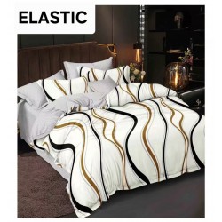 Set Lenjerie Pat Dublu Bumbac Satinat 4 Piese cu Cearșaf cu Elastic – Model Valuri Alb, Negru și Auriu, LES-106