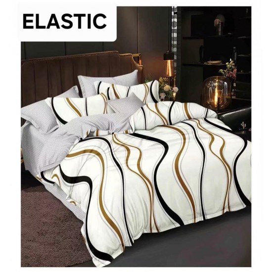 Set Lenjerie Pat Dublu Bumbac Satinat 4 Piese cu Cearșaf cu Elastic – Model Valuri Alb, Negru și Auriu, LES-106 3 lenjerii la 199 lei