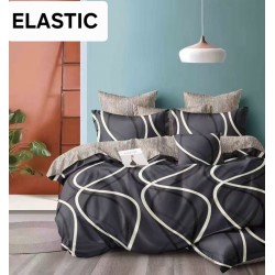 Set Lenjerie Pat Dublu Bumbac Satinat 4 Piese cu Cearșaf cu Elastic – Model Abstract Negru cu Linii Albe, LES-108