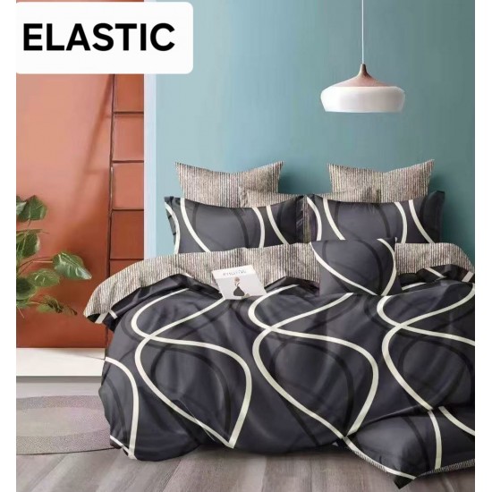 Set Lenjerie Pat Dublu Bumbac Satinat 4 Piese cu Cearșaf cu Elastic – Model Abstract Negru cu Linii Albe, LES-108 3 lenjerii la 199 lei