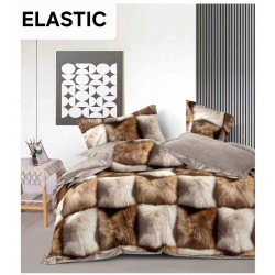 Set Lenjerie Pat Dublu Bumbac Satinat 4 Piese cu Cearșaf cu Elastic – Model Pătrate cu Blăniță Maro și Crem, LES-109