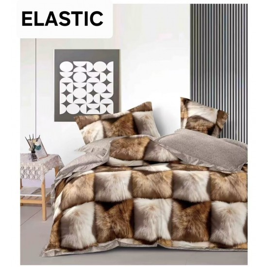 Set Lenjerie Pat Dublu Bumbac Satinat 4 Piese cu Cearșaf cu Elastic – Model Pătrate cu Blăniță Maro și Crem, LES-109 3 lenjerii la 199 lei