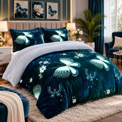Pilotă Cocolino cu Blăniță 200×230 cm + 2 Fețe de Pernă 50×70 cm – Model Fluturi Turcoaz, PDC-080