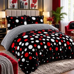Pilotă Cocolino cu Blăniță 200×230 cm + 2 Fețe de Pernă 50×70 cm – Model Buline Roșii și Albe pe Negru, PDC-082