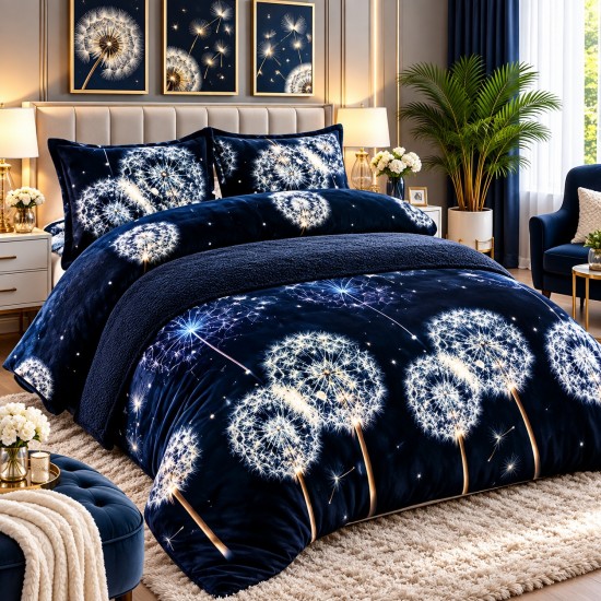 Pilotă Cocolino cu Blăniță 200×230 cm + 2 Fețe de Pernă 50×70 cm – Model Păpădii pe Bleumarin, PDC-083 Pilote Iarna cu Blana