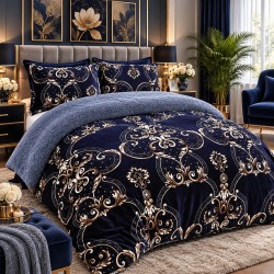 Pilotă Cocolino cu Blăniță 200×230 cm + 2 Fețe de Pernă 50×70 cm – Model Regal Bleumarin cu Auriu, PDC-084