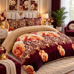 Pilotă Cocolino cu Blăniță 200×230 cm + 2 Fețe de Pernă 50×70 cm – Model Floral Bordo cu Auriu, PDC-085