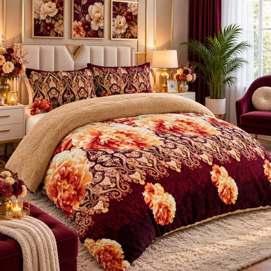 Pilotă Cocolino cu Blăniță 200×230 cm + 2 Fețe de Pernă 50×70 cm – Model Floral Bordo cu Auriu, PDC-085 Pilote Iarna cu Blana